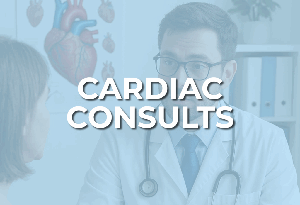 Image of a cardiac consult being done with the words cardiac consult across it