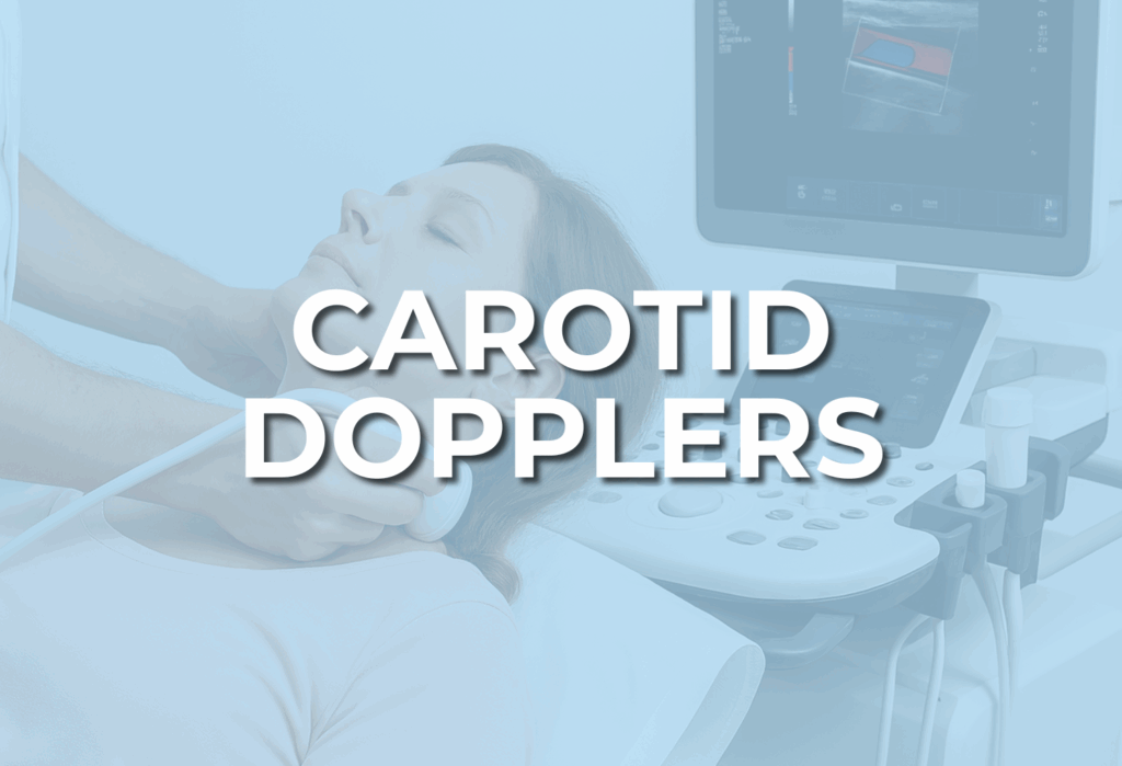 Image of a carotid doppler being done with the words carotid doppler across it