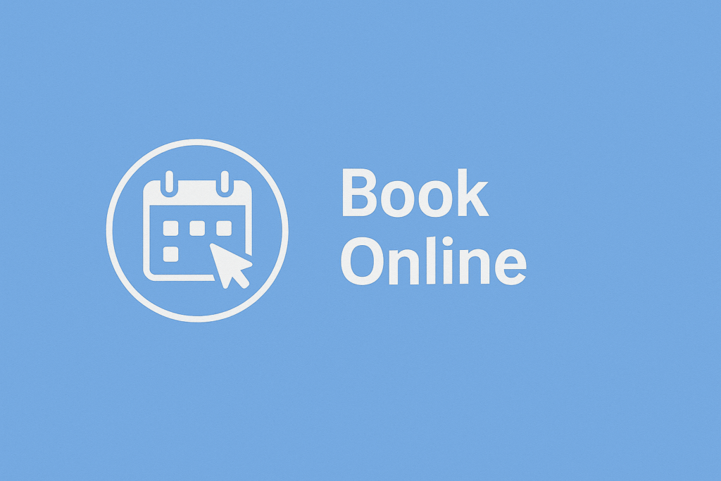 A simplistic vector of a calendar with a hover arrow and the words "Book Online"